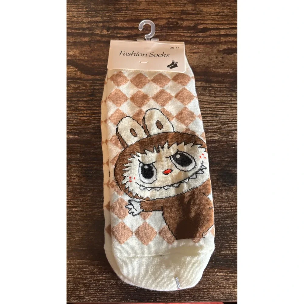 Labubu Character Argyle Ankle Socks Tan Cream Diamond Pattern New